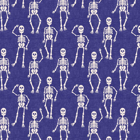 Pattern of playful skeletons on a blue background