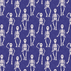 Pattern of playful skeletons on a blue background