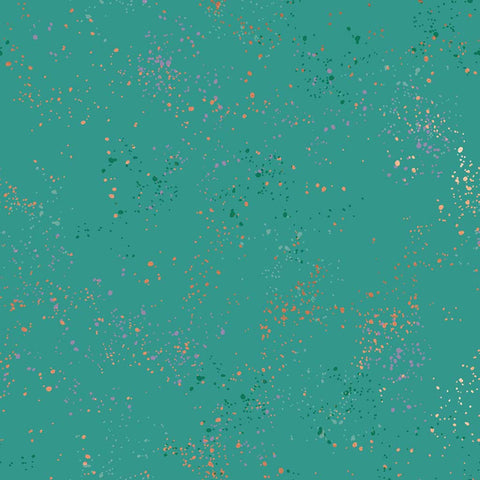 Pattern of multi-colored speckles on a teal background