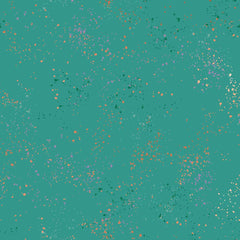 Pattern of multi-colored speckles on a teal background