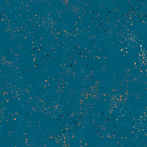 Pattern of multi-colored speckles on a teal background