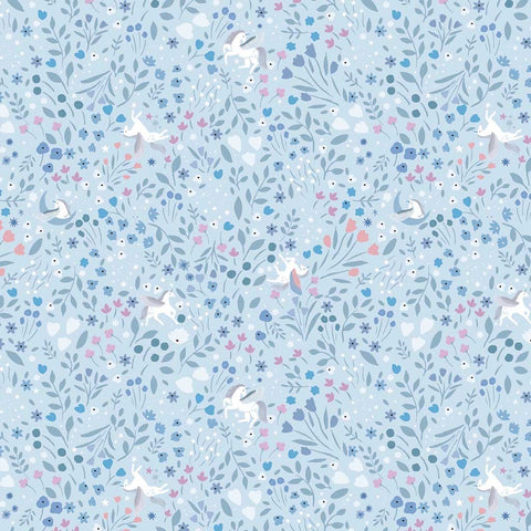 Pattern of winged unicorns on a blue floral background