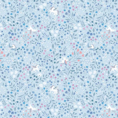 Pattern of winged unicorns on a blue floral background