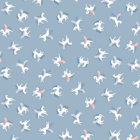 Pattern of winged unicorns on a blue background