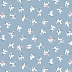 Pattern of winged unicorns on a blue background