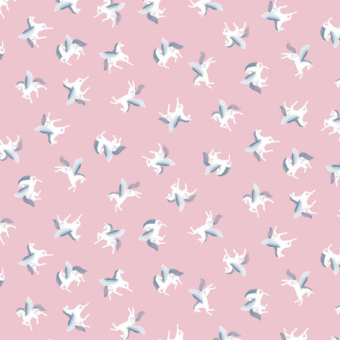 Pattern of winged unicorns on a light purple background