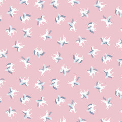 Pattern of winged unicorns on a light purple background