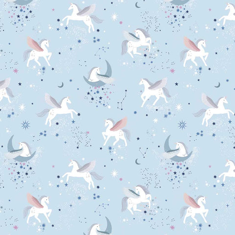 Pattern of winged unicorns on a starry light blue background