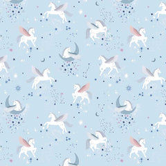Pattern of winged unicorns on a starry light blue background