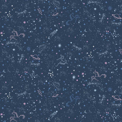 Pattern of winged unicorns, stars, and planets on a blue background