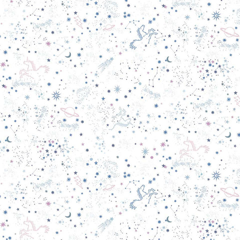 Pattern of winged unicorns, stars, and planets on a white background