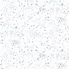 Pattern of winged unicorns, stars, and planets on a white background