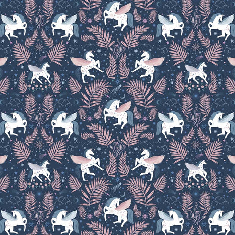 Pattern of winged unicorns and leaves on a dark blue background
