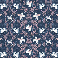 Pattern of winged unicorns and leaves on a dark blue background