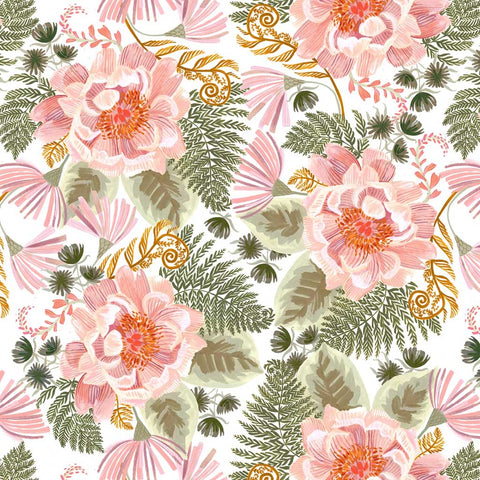 Pattern of pink flowers and green leaves on a white background