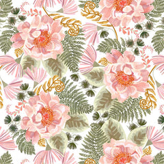 Pattern of pink flowers and green leaves on a white background