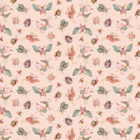 Pattern of bugs and insects on a light pink background