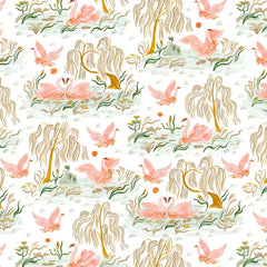 Pattern of pink swans enjoying outdoor life on a white background