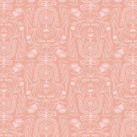 Decorative pattern of flowers and leaves outlined in white on a pink background