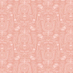 Decorative pattern of flowers and leaves outlined in white on a pink background
