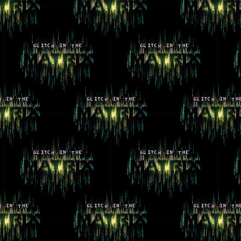 Pattern of "Glitch in the Matrix" text on a black background