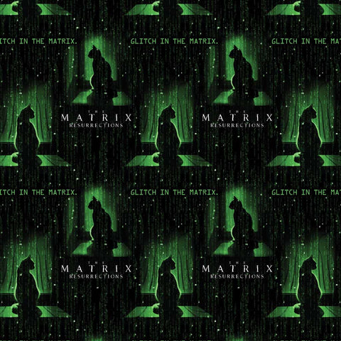 Pattern of cat silhouettes in green light with "Glitch in the Matrix" and "The Matrix Resurrections" text on a black background
