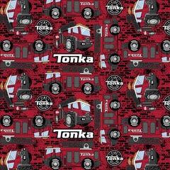 Pattern of Tonka fire trucks on a red background