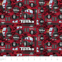 Pattern of Tonka fire trucks on a red background with ruler