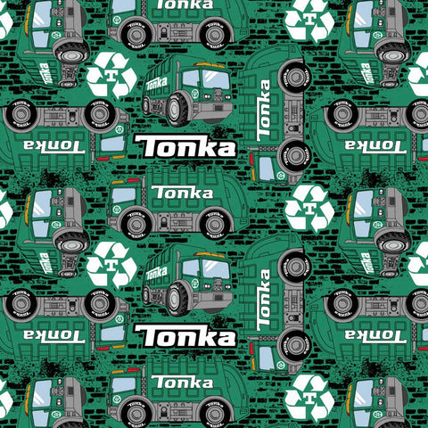 Pattern of Tonka recycling trucks on a green background