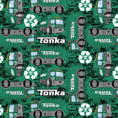 Pattern of Tonka recycling trucks on a green background