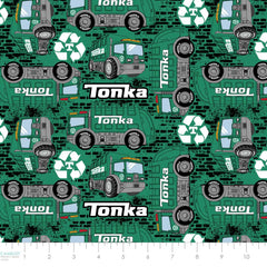 Pattern of Tonka recycling trucks on a green background with ruler