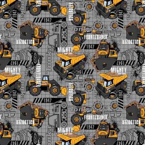 Pattern of Tonka construction vehicles on a gray background