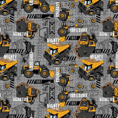 Pattern of Tonka construction vehicles on a gray background
