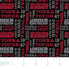 Pattern of 'Under Construction' and other text in red and gray on a black background with ruler