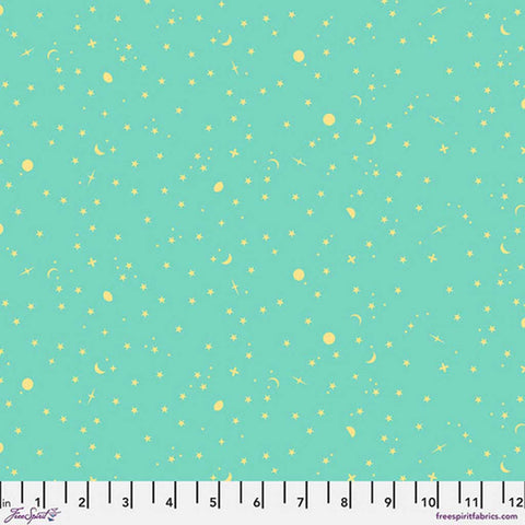 Turquoise background with moon and stars blender print with ruler