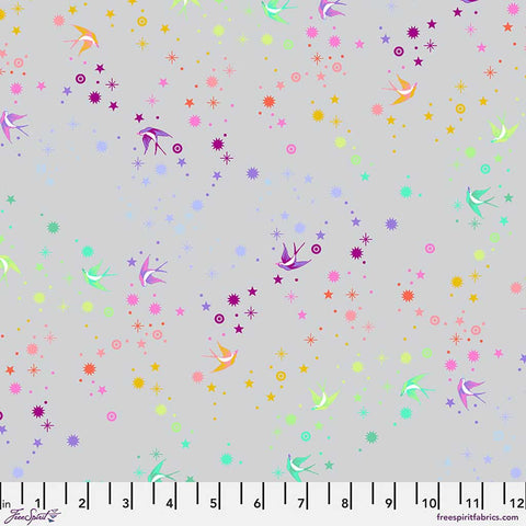 Colorful pattern of birds and stars on a gray background