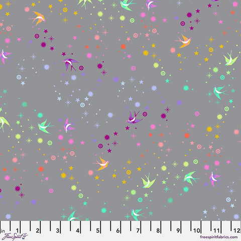 Colorful pattern of birds and stars on a gray background