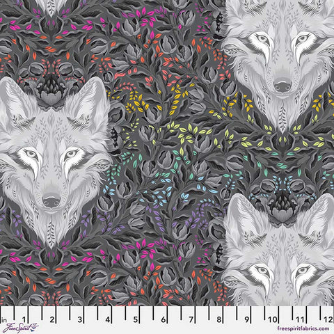 Patterned fabric with wolf faces and colorful leaves on a gray background