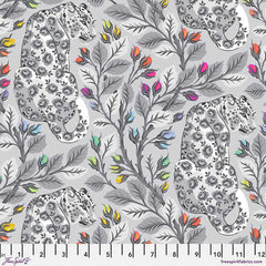 Patterned fabric with leopards and leaves on a gray background