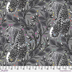 Leopard pattern fabric with leaves and flowers on a gray background
