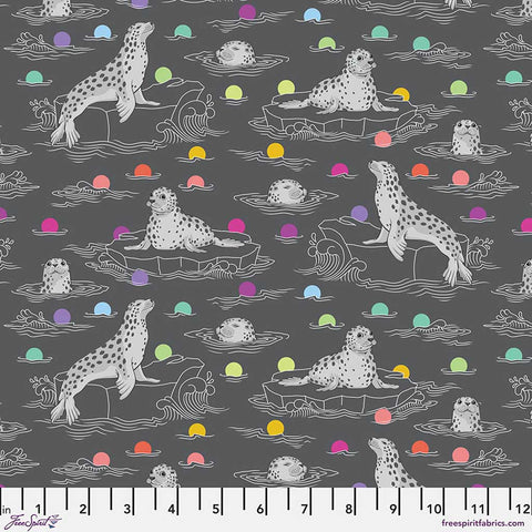 Pattern of seals on a gray background with rainbow accents