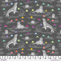 Pattern of seals on a gray background with rainbow accents