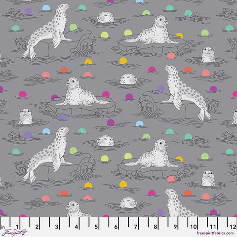 Seal pattern fabric with colorful accents on a gray background