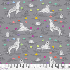 Seal pattern fabric with colorful accents on a gray background