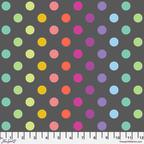 Pattern of colorful polka dots on a gray background