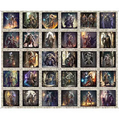 Pattern of patches of various fantasy characters on a textured wall background