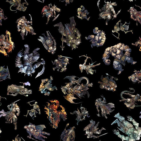 Pattern of fantasy characters on a black background