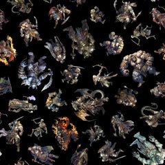 Pattern of fantasy characters on a black background