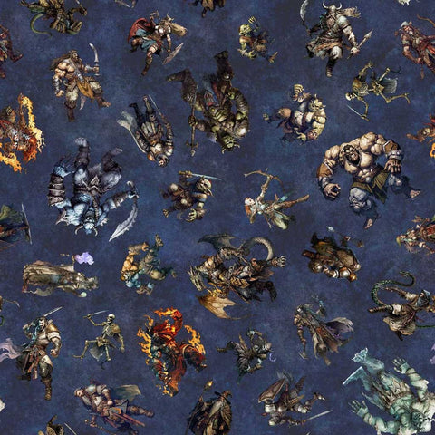 Pattern of fantasy characters on a dark blue background