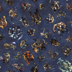 Pattern of fantasy characters on a dark blue background